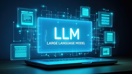 LLM, AI large language model concept, Big data, data transfer, generative ai, natural language generative and data mining. Businessman using laptop with large language model on virtual screen.