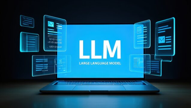 LLM, AI large language model concept, Big data, data transfer, generative ai, natural language generative and data mining. Businessman using laptop with large language model on virtual screen.