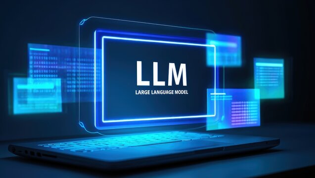 LLM, AI large language model concept, Big data, data transfer, generative ai, natural language generative and data mining. Businessman using laptop with large language model on virtual screen.