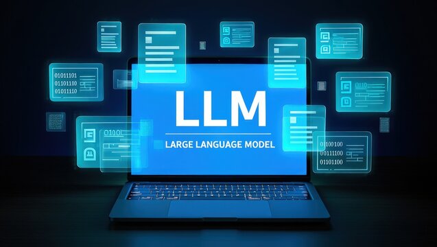 LLM, AI large language model concept, Big data, data transfer, generative ai, natural language generative and data mining. Businessman using laptop with large language model on virtual screen.