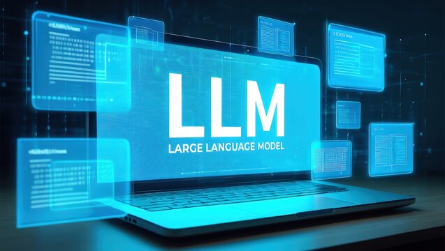 LLM, AI large language model concept, Big data, data transfer, generative ai, natural language generative and data mining. Businessman using laptop with large language model on virtual screen.