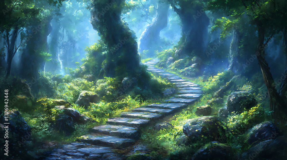 Poster a hidden path winding through a dense and ancient forest.