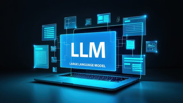 LLM, AI large language model concept, Big data, data transfer, generative ai, natural language generative and data mining. Businessman using laptop with large language model on virtual screen.