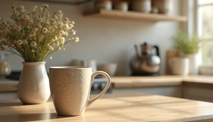 Obraz premium Ceramic coffee mug displayed on kitchen counter. Morning sunlight illuminates stylish white mug, flowers vase. Breakfast time, cozy home decor, minimalist design concept.