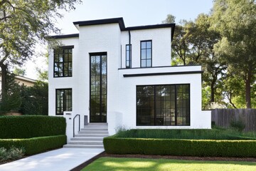 Fototapeta premium Modern white brick house with large windows set in a lush green garden during bright daylight, showcasing contemporary architecture and landscaped surroundings