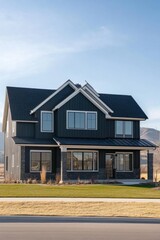 Fototapeta premium Modern two-story house showcasing sleek black exterior and large windows in a serene suburban setting during bright daylight