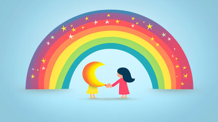  a moon and a star holding hands under a rainbow. 