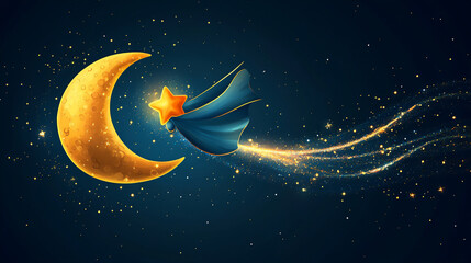 Naklejka premium a moon and a star wearing superhero capes flying through space. 
