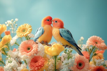 Obraz premium Romantic Parakeets in Blooming Garden: Vibrant Nature and Exotic Wildlife Photography