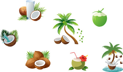 Tropical Coconut Delight: A collection of artistic depictions of fresh coconuts, showcasing their refreshing nature and tropical essence, ideal for culinary, wellness, and vacation themes.