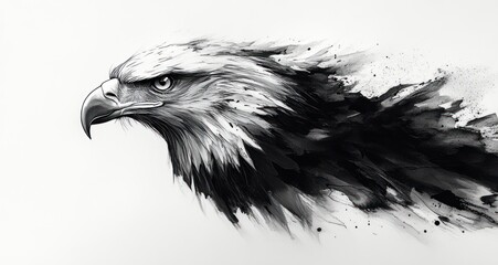 Intricate Black and White Ink Illustration of an Eagle in Profile with Dynamic Motion and Textured Brush Strokes