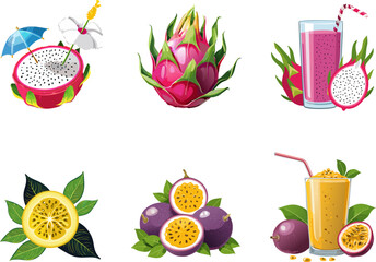 Tropical Fruit Extravaganza: A colorful medley of dragon fruits, passion fruits, and refreshing drinks bursting with tropical flavors, perfect for illustrating healthy eating and refreshing beverages.