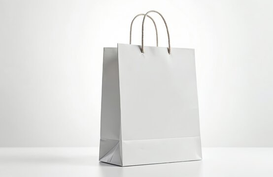 White paper bag mockup isolated on white. Blank shopping bag design for brand presentation. Retail gift wrapping template. Eco friendly, retail, shop, store promotion.