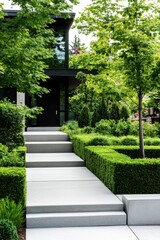 Obraz premium Modern landscape design showcases a minimalist pathway leading to a contemporary house surrounded by lush greenery in a serene neighborhood