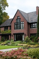 A stunning brick house stands gracefully amidst vibrant gardens, creating a picturesque scene in a tranquil neighborhood on a cloudy day
