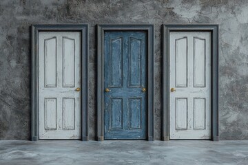 Three doors, two white, one blue, against a textured wall.  Choice, decision concept