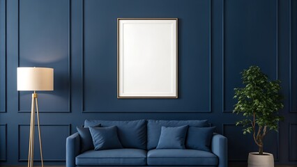Photo frame mockup hangs on dark blue wall above sofa with lamp and plant nearby in modern living room
