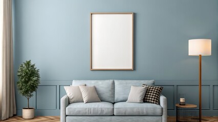 Photo frame mockup hanging above sofa in living room with lamp pillows plant and blue wall