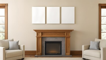 Three blank photo frame mockups hang above wooden fireplace between windows and sofas in cozy living room setting