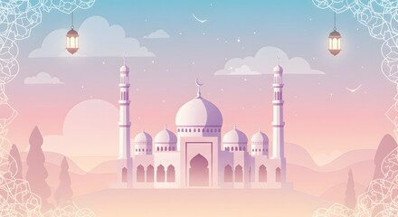 Illustration of Mosque Building at Sunset with Lanterns and Decorations