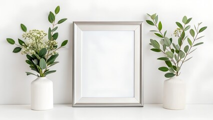 A photo frame mockup stands between two white vases with green leafy branches on a clean white background