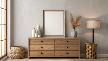 Wooden photo frame mockup stands on dresser beside vases dried plants wicker basket and lamp