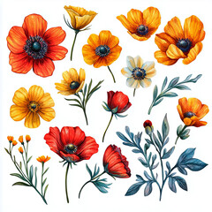 Vibrant floral illustration featuring orange, yellow, and red blossoms with greenery for greeting cards and textile designs - concept of floral shops, stationery brands, textile designers