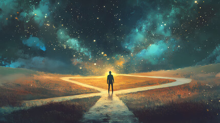 A figure standing at a crossroads gazing at multiple paths stretching out in front of them embodying the endless possibilities and uncertainties of existence. Cosmic Talisman. Illustration