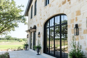 Fototapeta premium Modern architectural design of a farmhouse showcasing elegant stonework and large black-framed windows in a serene outdoor setting during bright daylight