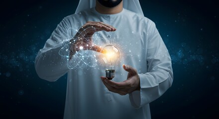 Holding lightbulb glowing man shows innovation with technology network around it