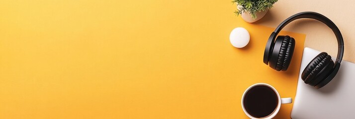 Workspace with Laptop Headphones and Coffee on Gray and Gold Background for Online Learning