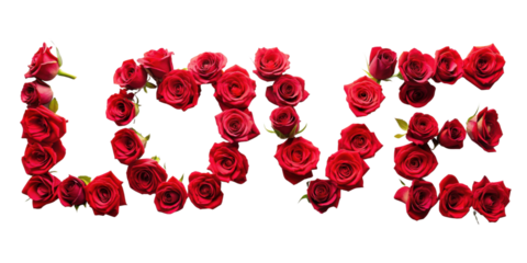 LOVE text made of red roses isolated on transparent background