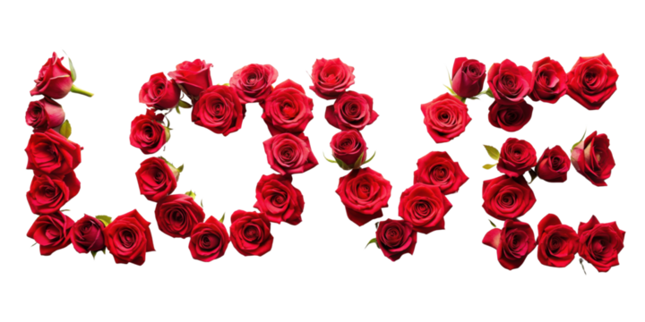 LOVE text made of red roses isolated on transparent background