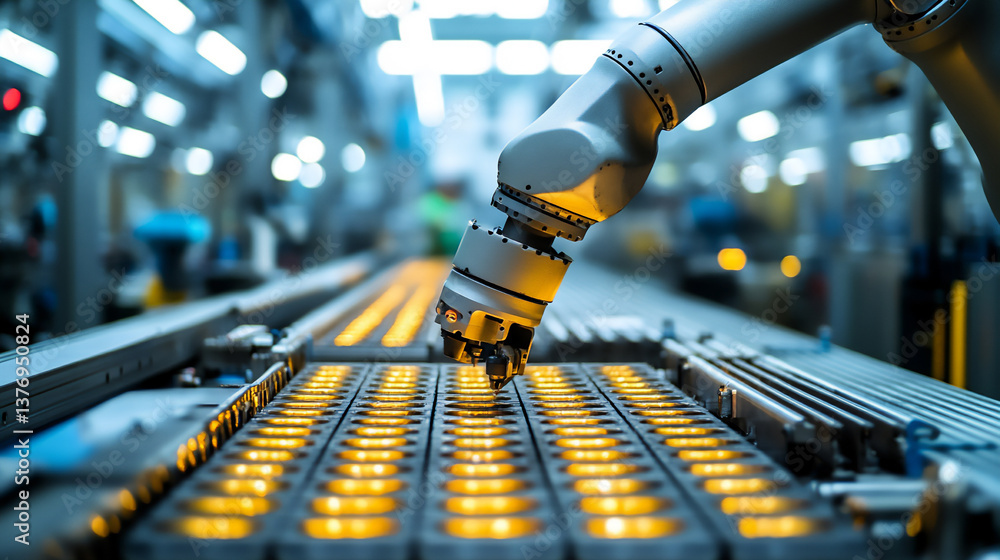 Poster a robot arm performing quality control on a production line.