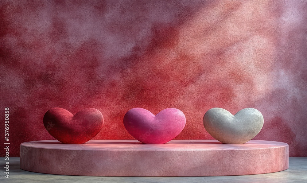 Poster three hearts of varying colors sit on a round platform against a textured, rosy backdrop. sunlight s