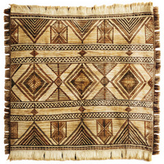 Intricate woven tapestry featuring geometric patterns in earthy tones, showcasing craftsmanship and cultural heritage. Perfect for home decor or artistic display.