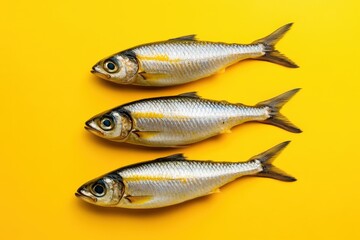 Obraz premium Three small silver fish are arranged neatly on a bright yellow background