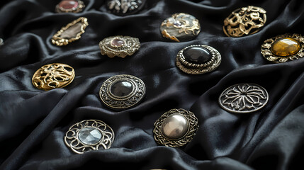 Sparkling vintage brooches on black fabric. Timeless Runestone. Illustration