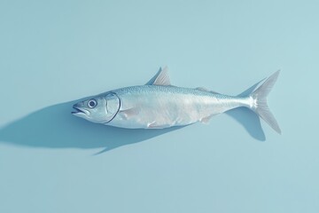 An isolated silver fish laying flat against a plain blue background