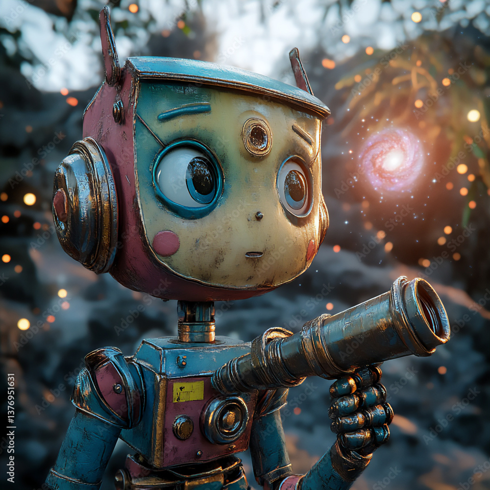 Poster a robot with a telescope looking at a distant galaxy.