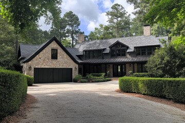 Elegant stone house nestled among lush trees with a gravel driveway in a serene suburban neighborhood on a bright sunny day