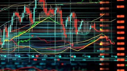 Stock market chart showing candlestick patterns and trend lines.