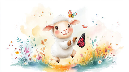  a sheep playing with a butterfly in a meadow. 