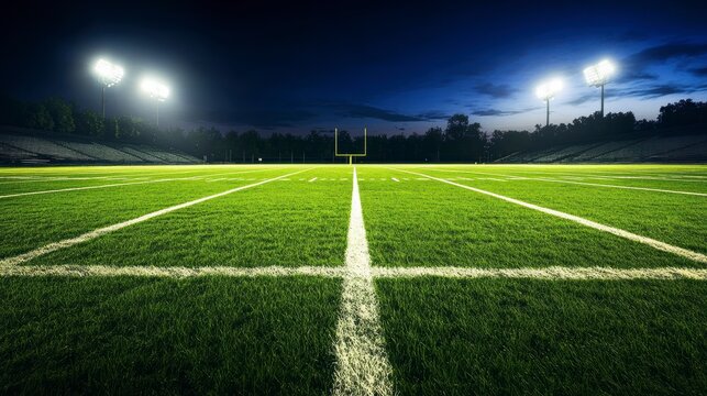 Night view of empty American football field illuminated by stadium lights.
