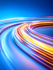 Abstract swirling light trails, vibrant colors on a dark blue background AI generative