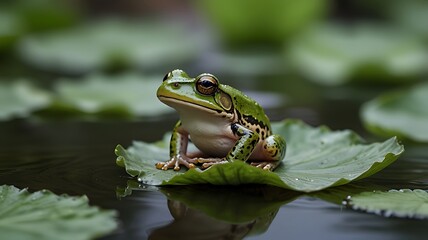 the frog is relaxing on the lotus leaf