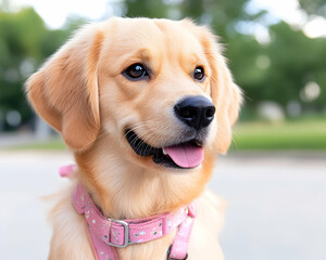 Adorable golden retriever puppy with pink collar outdoors AI generative