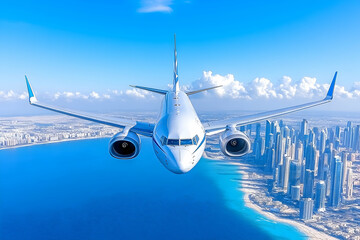 Fototapeta premium Airplane approaching coastal city, blue sky AI generative