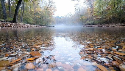 Obraz premium Calm autumn river with clear water revealing colorful pebbles and fallen leaves under a misty sky AI generative