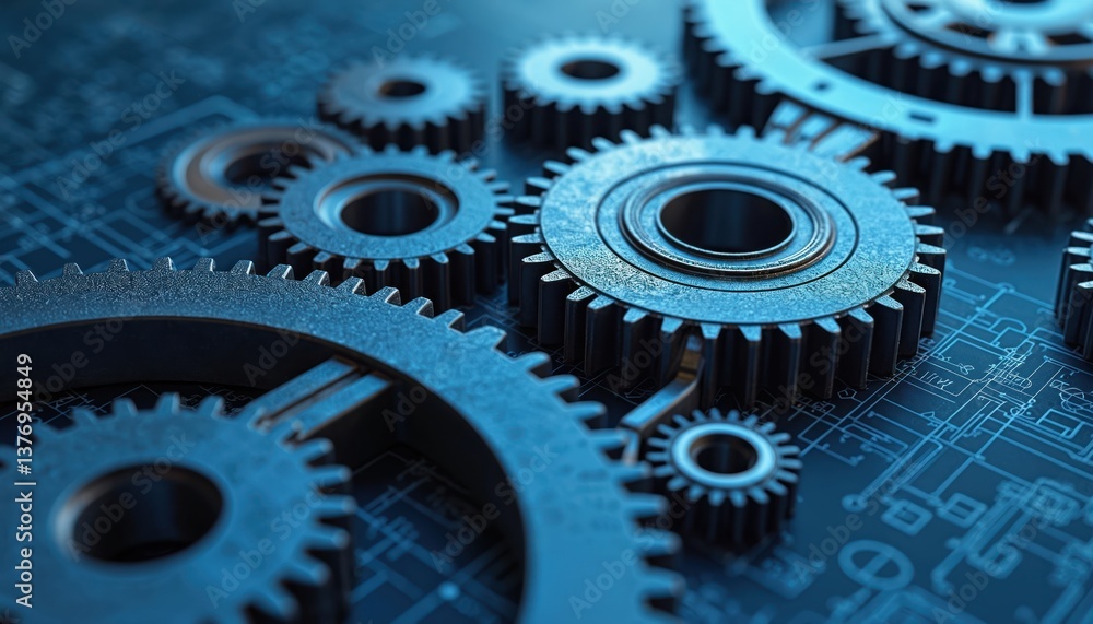 Poster industrial machinery gears cogs on digital blueprint background. engineering tech concept. digital m